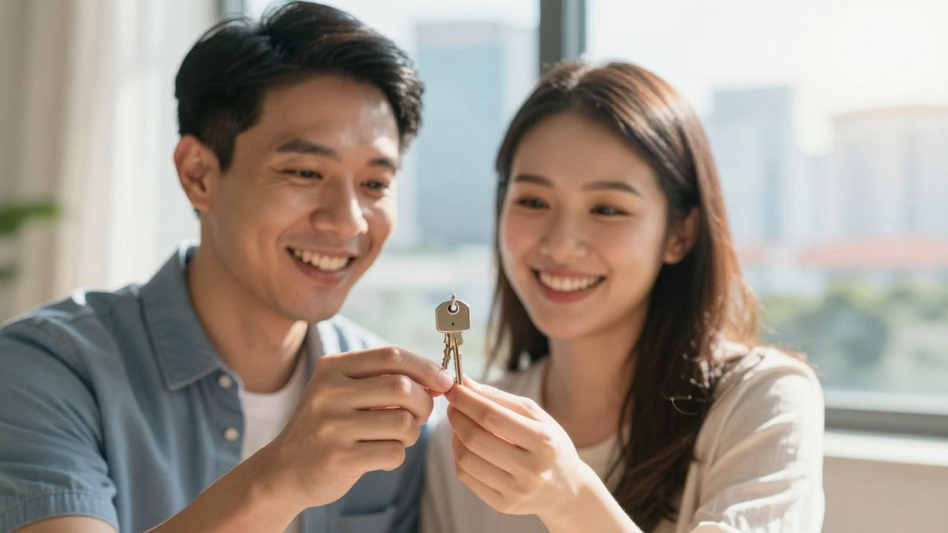 Couple holding house key, Singapore cityscape background.