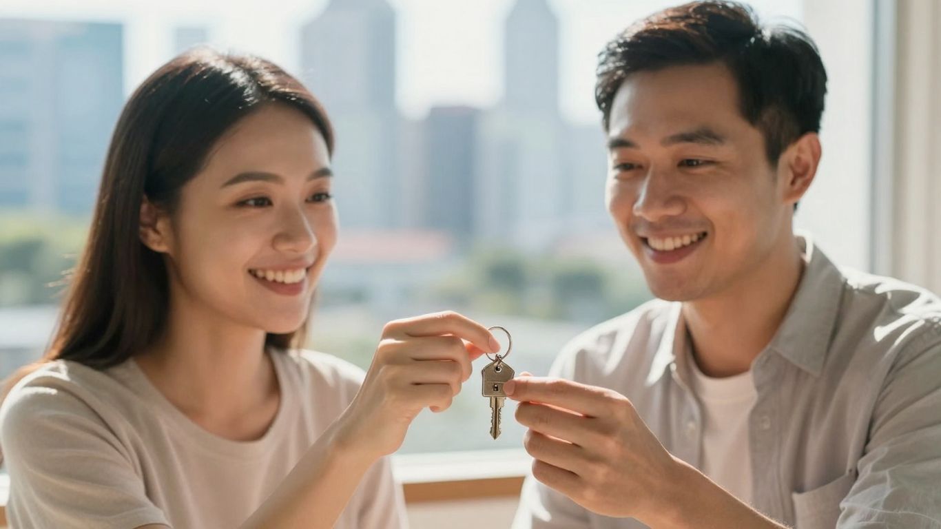 Couple holding house key, Singapore cityscape background