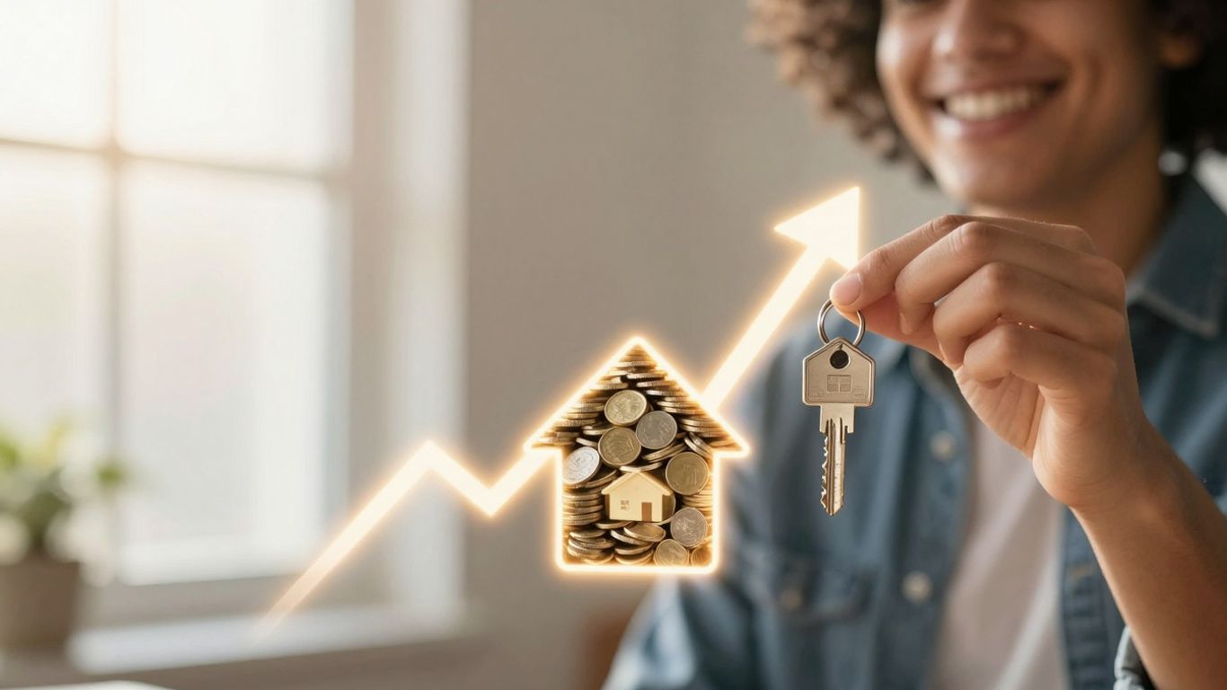 Person holding house key, with glowing money arrow.