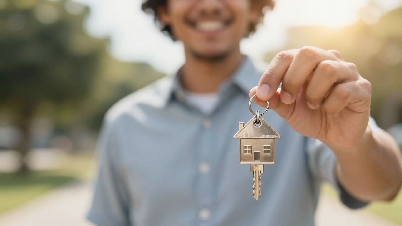 Person holding house key, financial growth background
