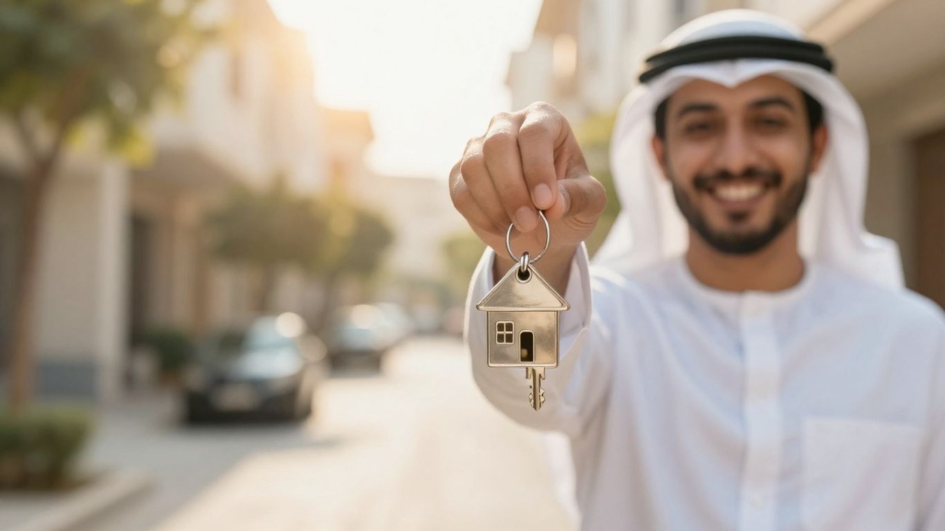 Person holding house key, financial growth background
