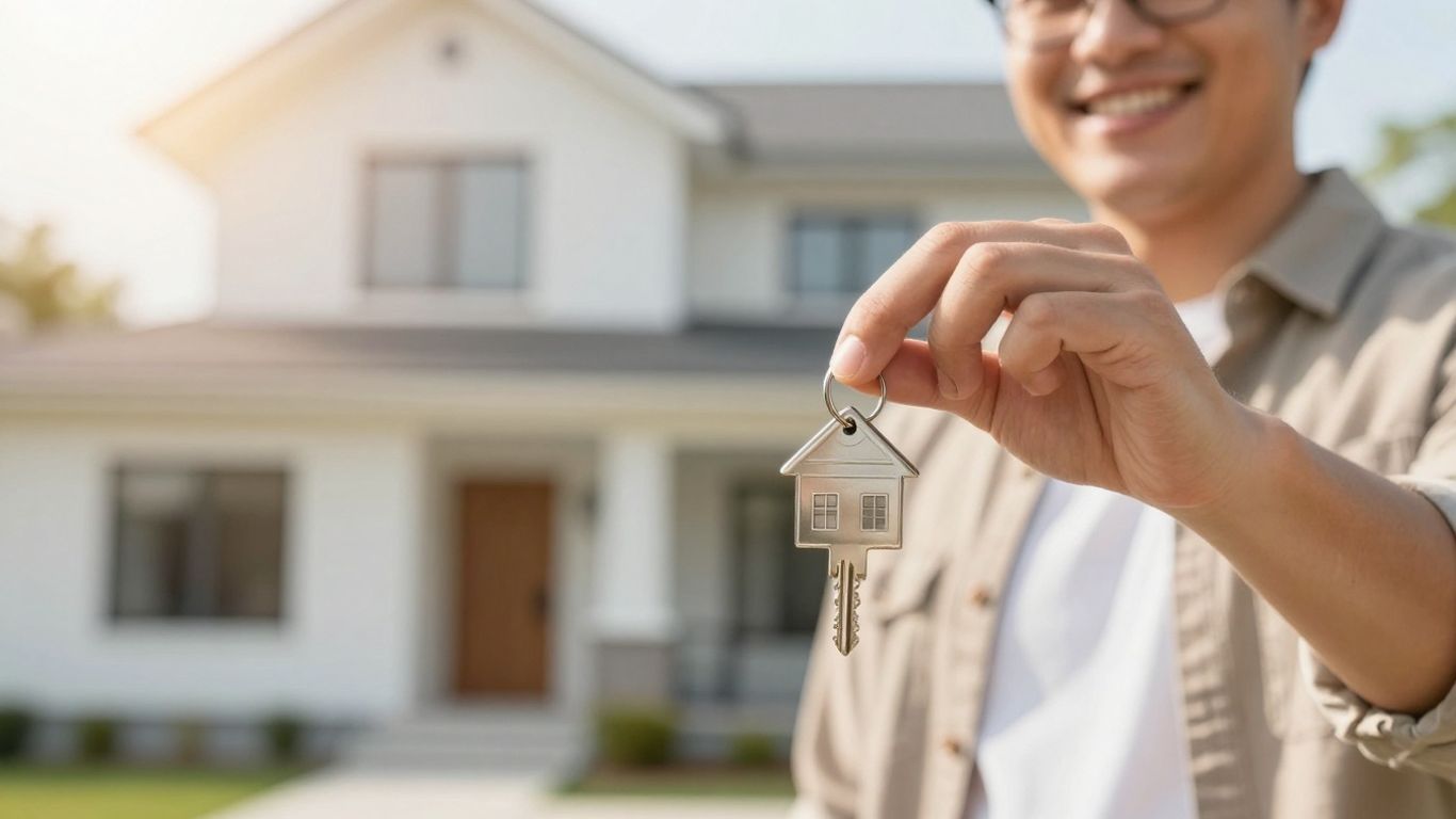 Homeowner with keys, symbolizing mortgage refinance success.