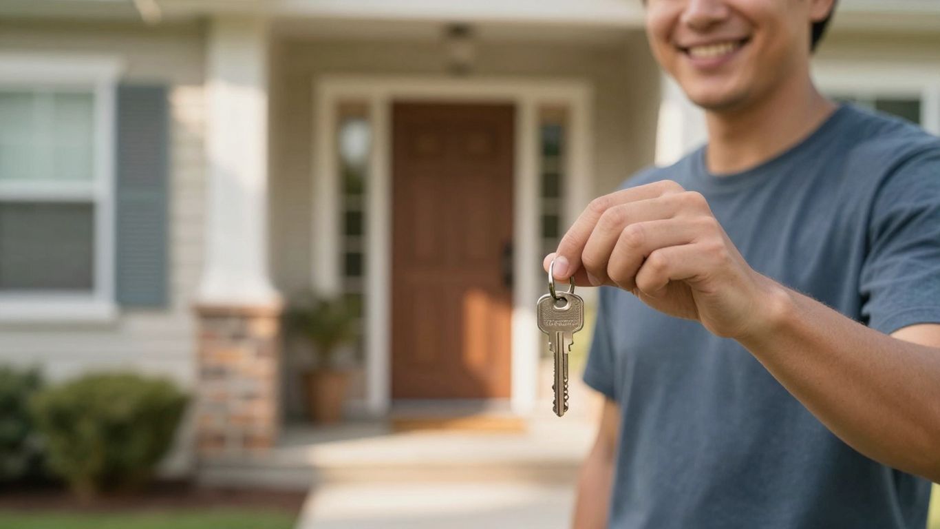Homeowner holding a key, symbolizing mortgage refinance success.