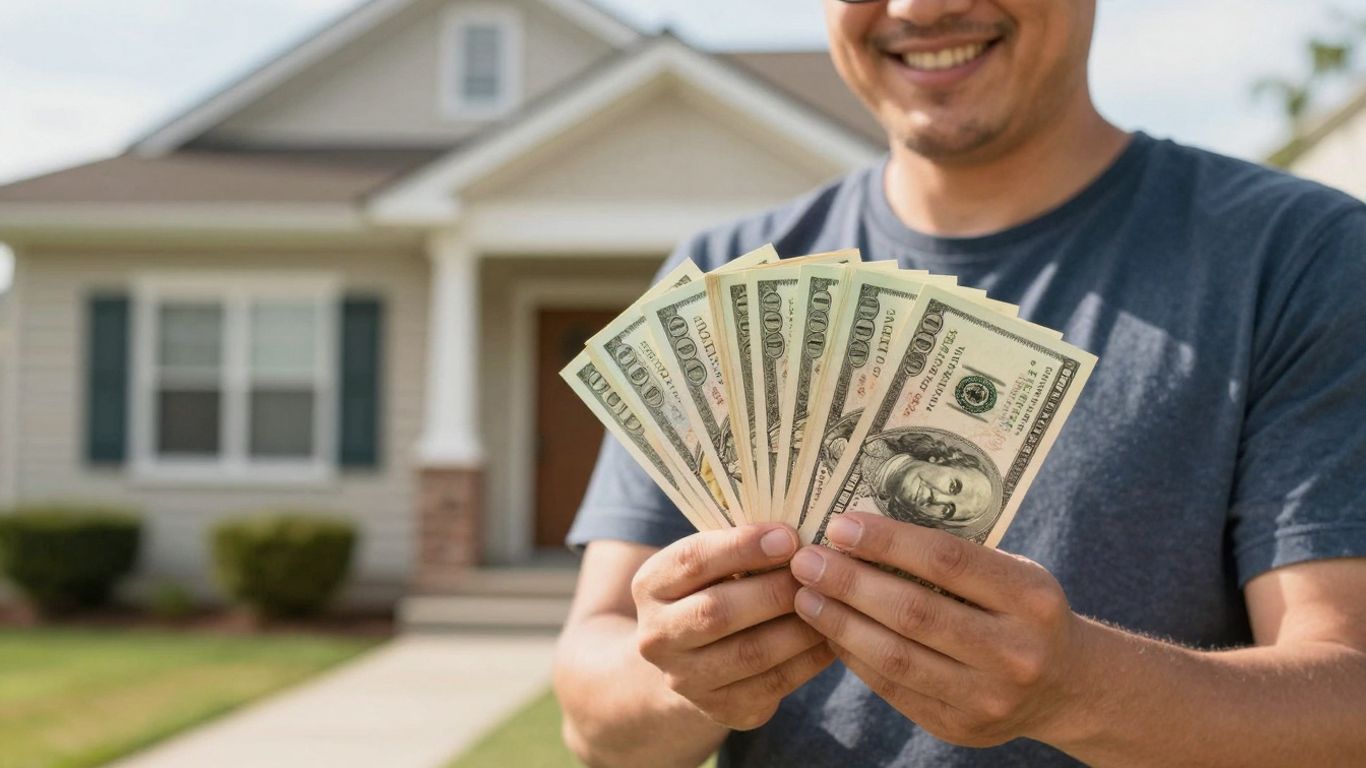Homeowner with cash, house, refinance concept
