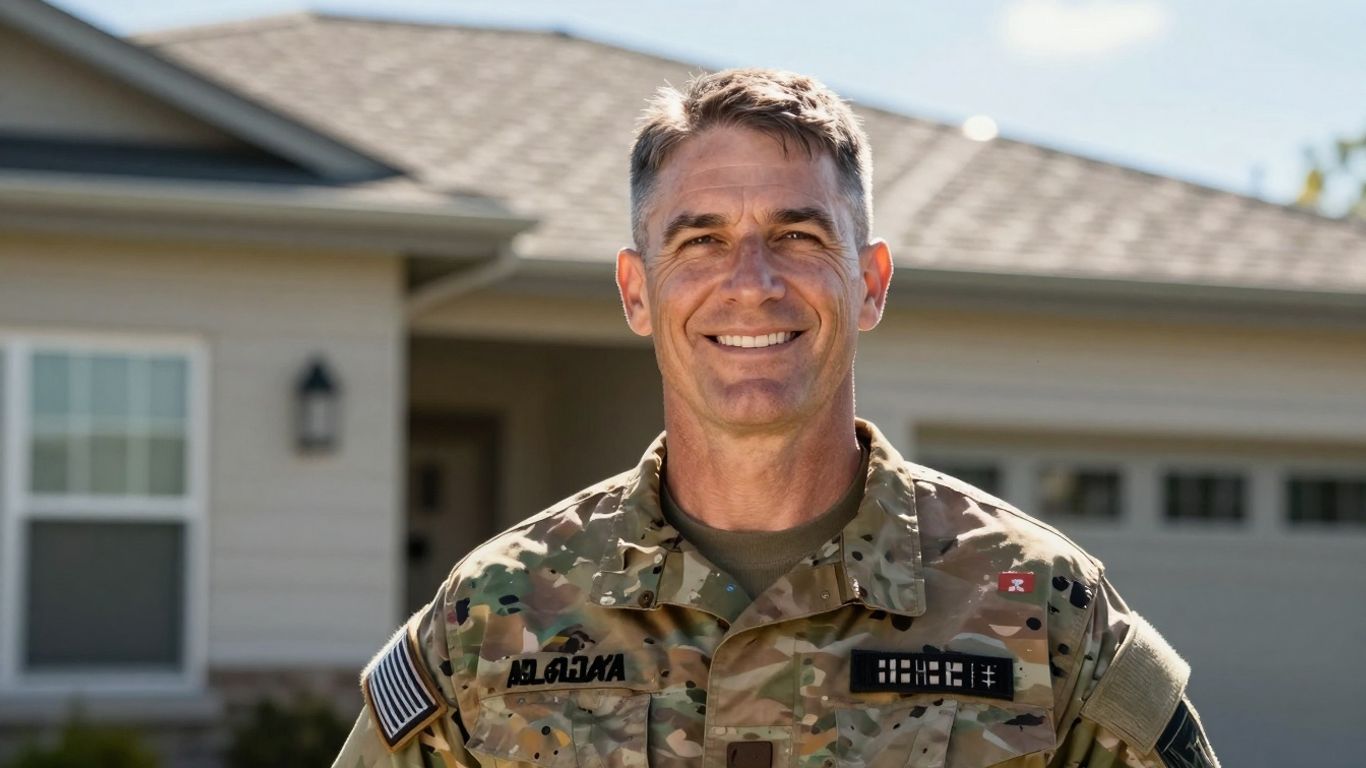Veteran homeowner smiling in front of house.