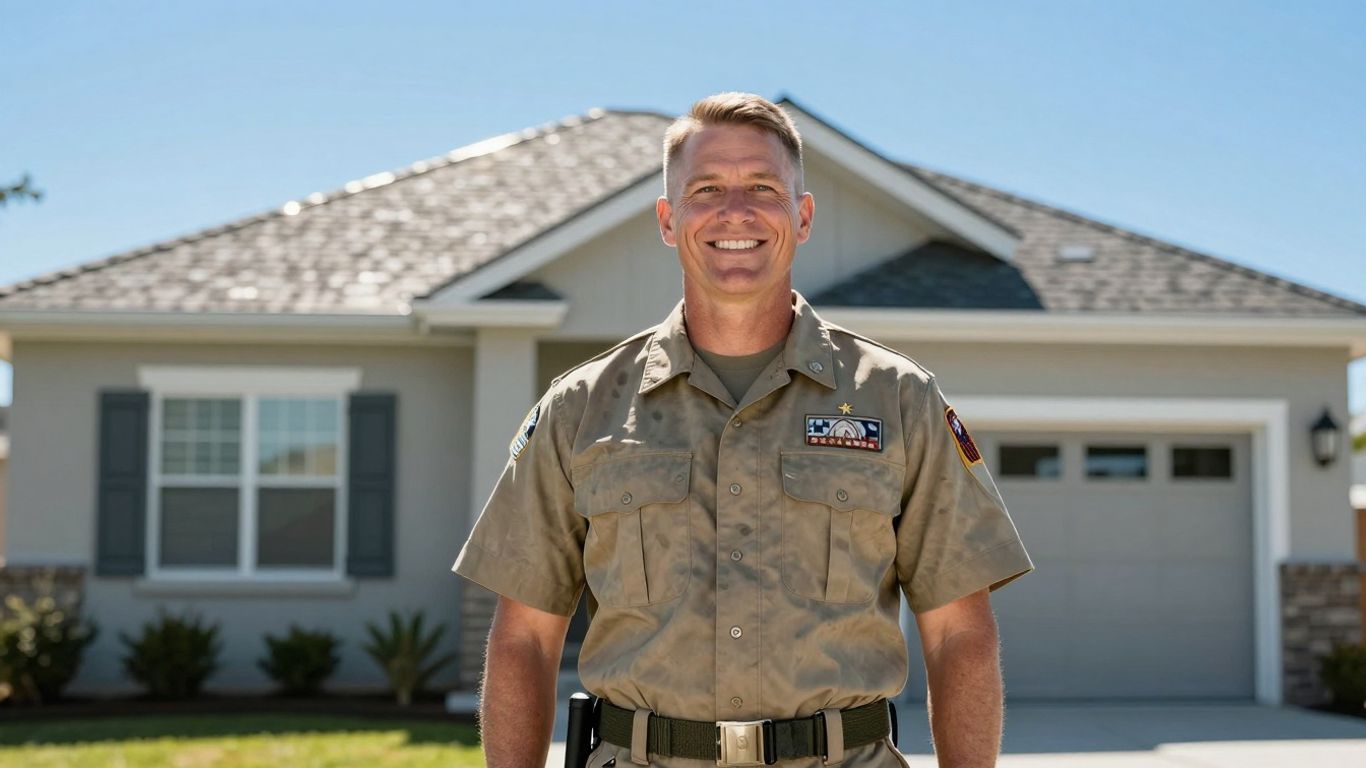 Veteran in front of home with refinance options.
