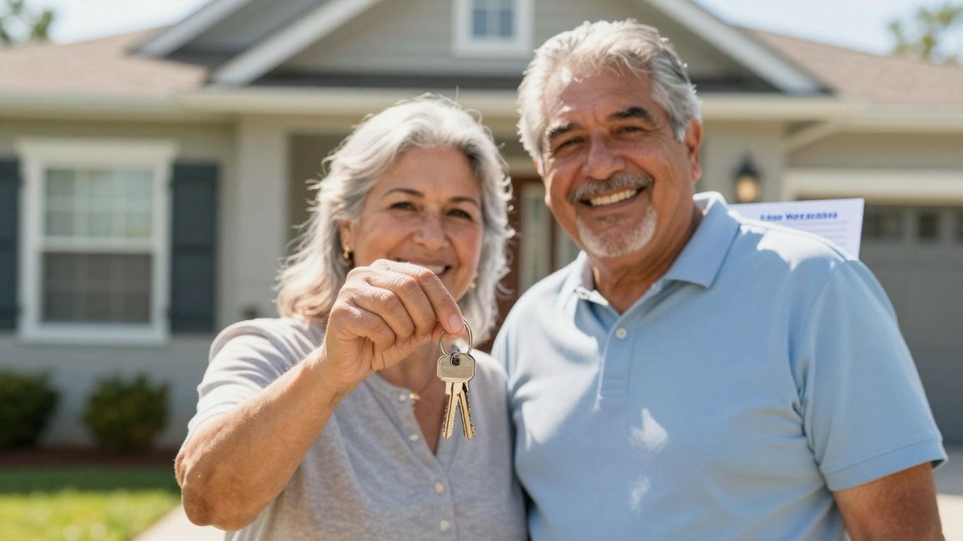 Veteran couple with house keys, happy about mortgage refinance.