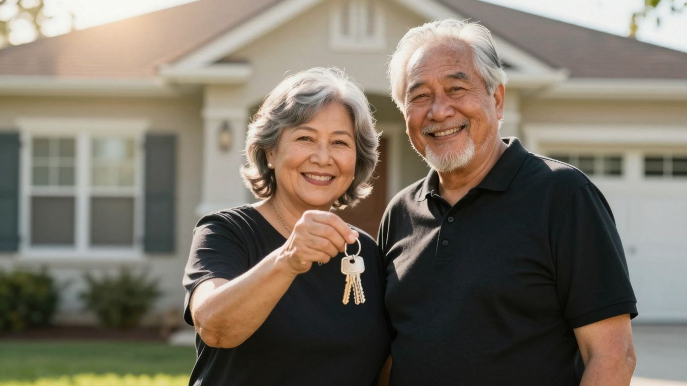 Veteran couple with keys in front of their home.