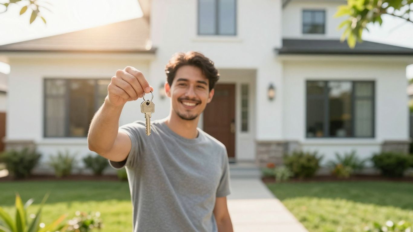 Happy homeowner with house key, new home.