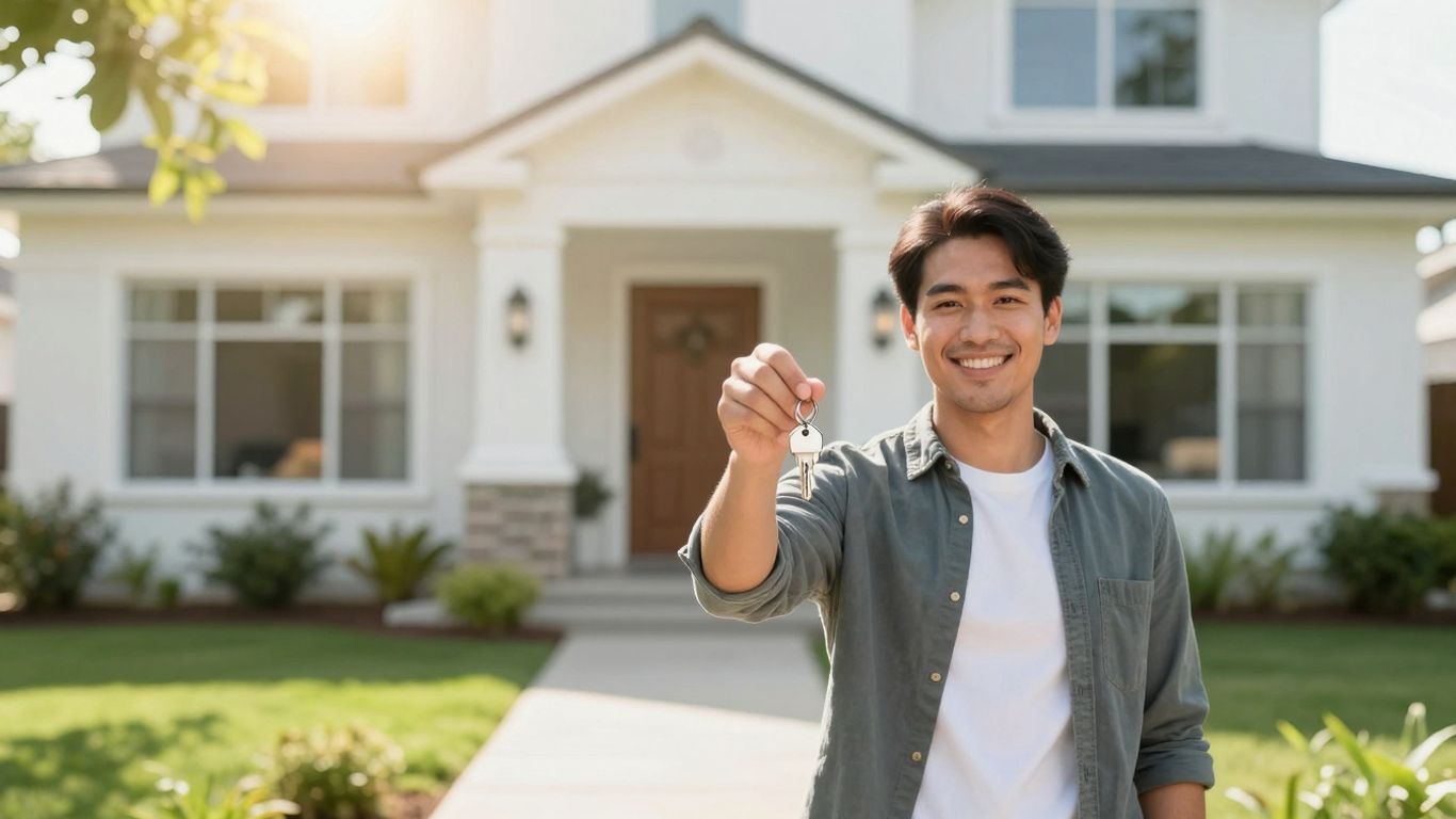 Happy homeowner with house key, new home.