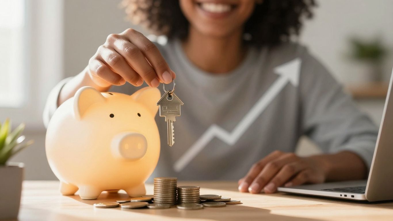 House key with piggy bank and upward trend.
