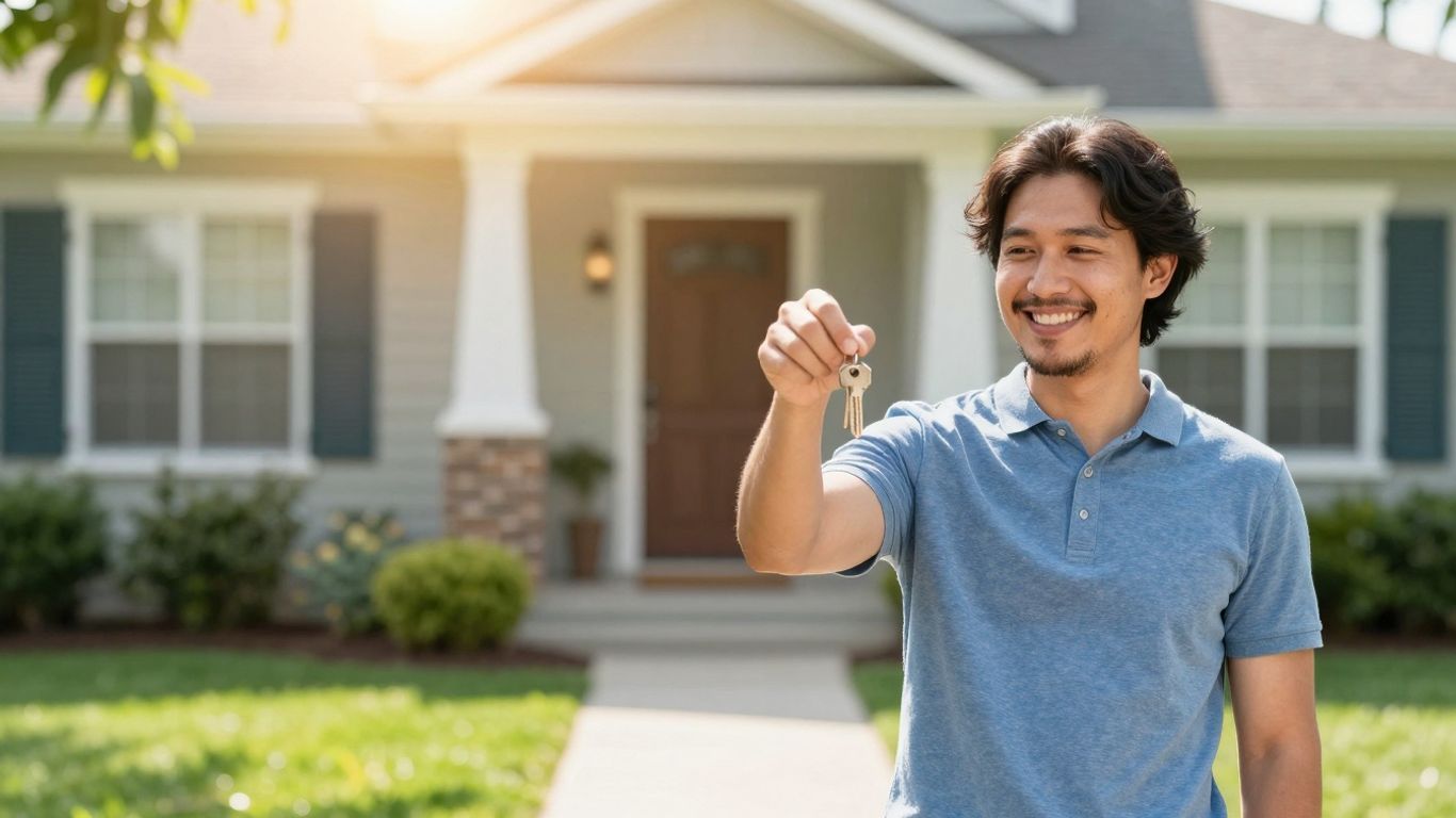 Homeowner with keys in front of a house.