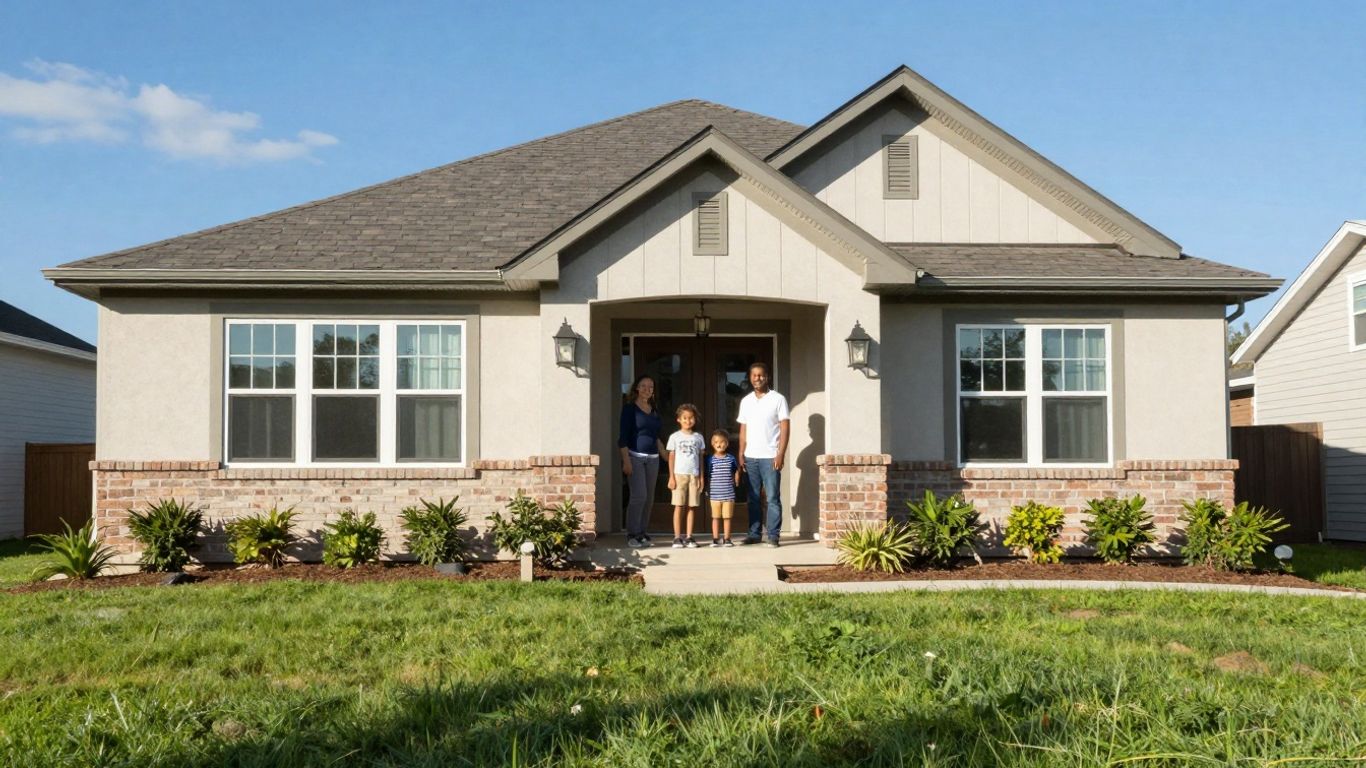 Suburban home with a happy family on the porch.