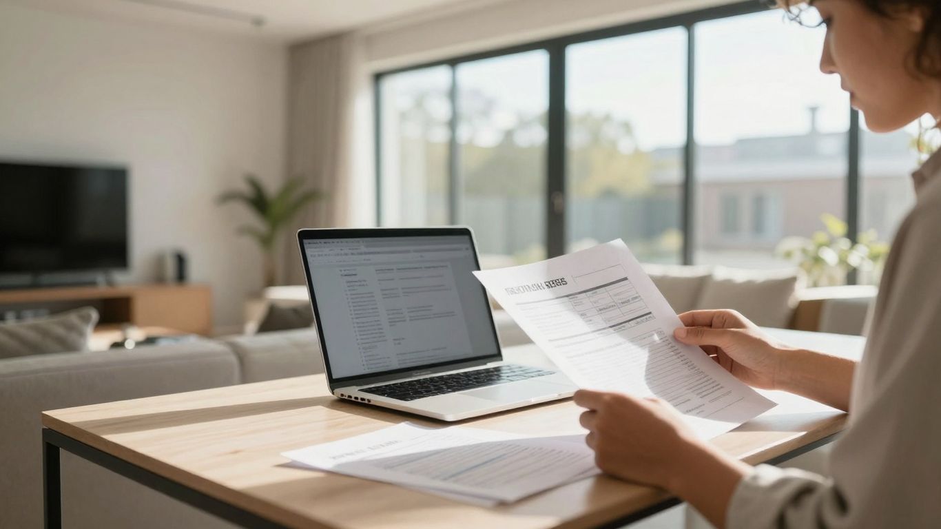Homeowner reviewing mortgage documents at a desk.