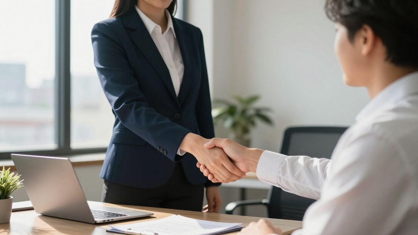 Mortgage broker shaking hands with a client in an office.
