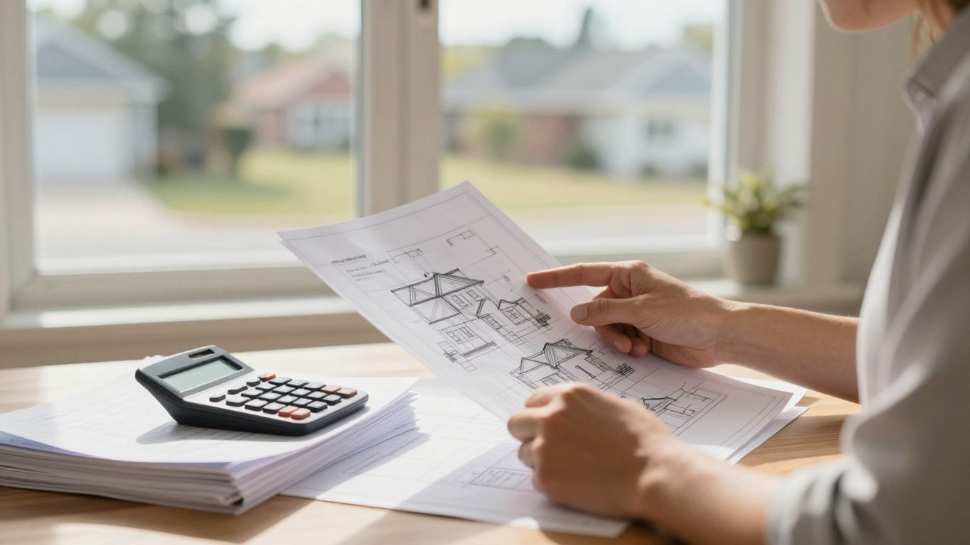 Homeowner reviewing mortgage refinance documents with house plans.