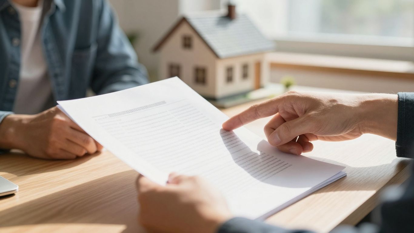 Homeowner reviewing mortgage refinance documents with house in background.