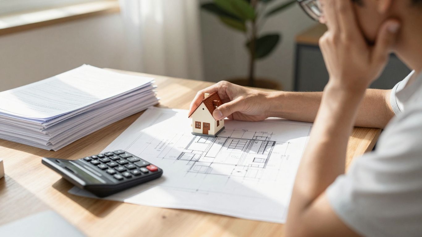 Homeowner reviewing house plans and finances