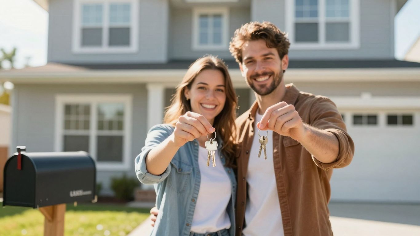 Couple with keys and new home, U.S. Bank mortgage refinance