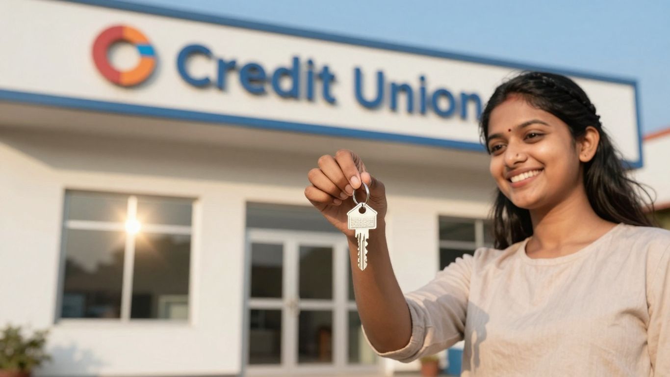 Couple with house key outside credit union