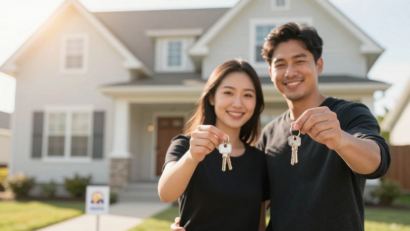 Couple holding keys in front of a house.