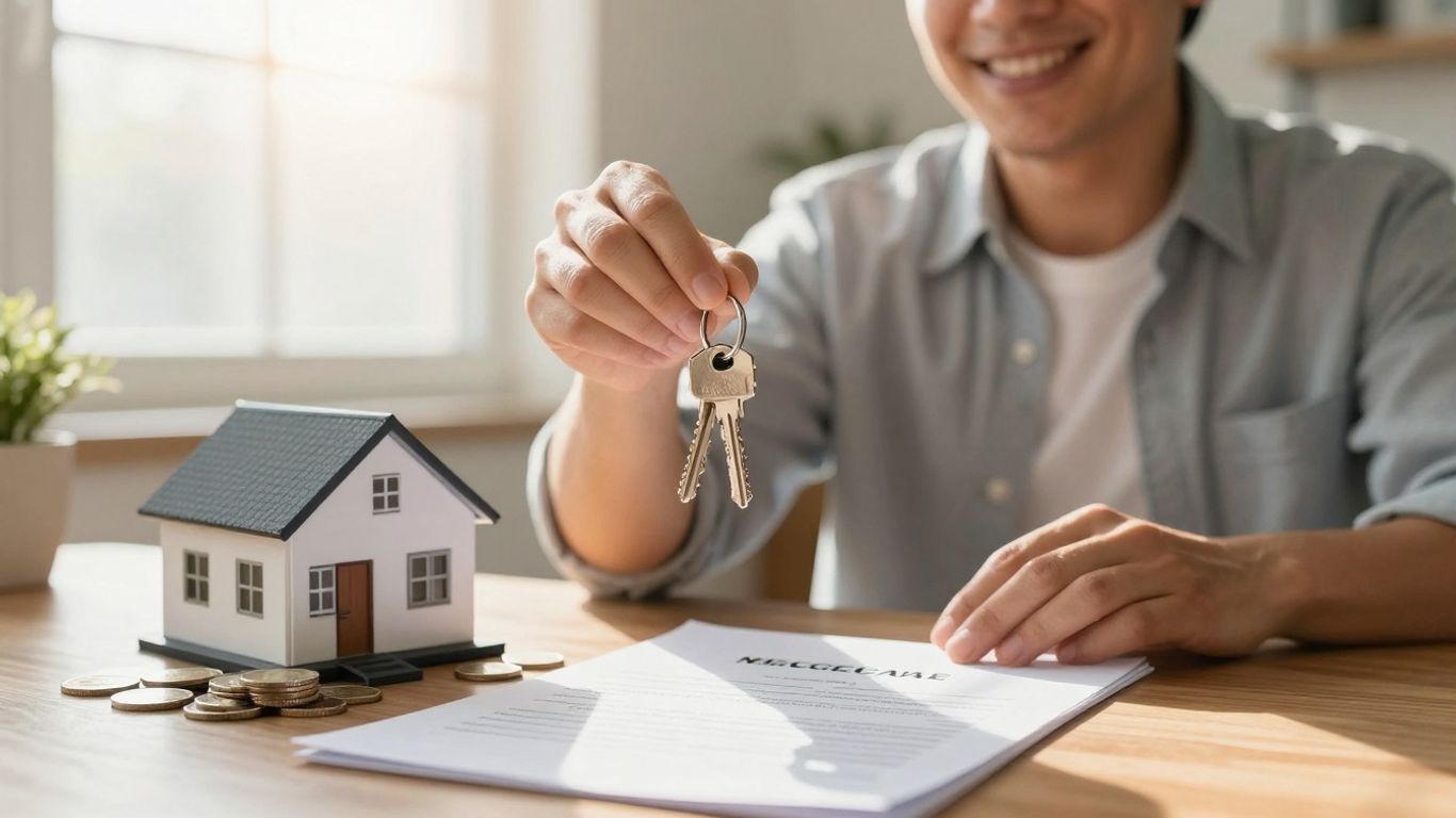 Michigan homeowner with keys, coins, and mortgage document.