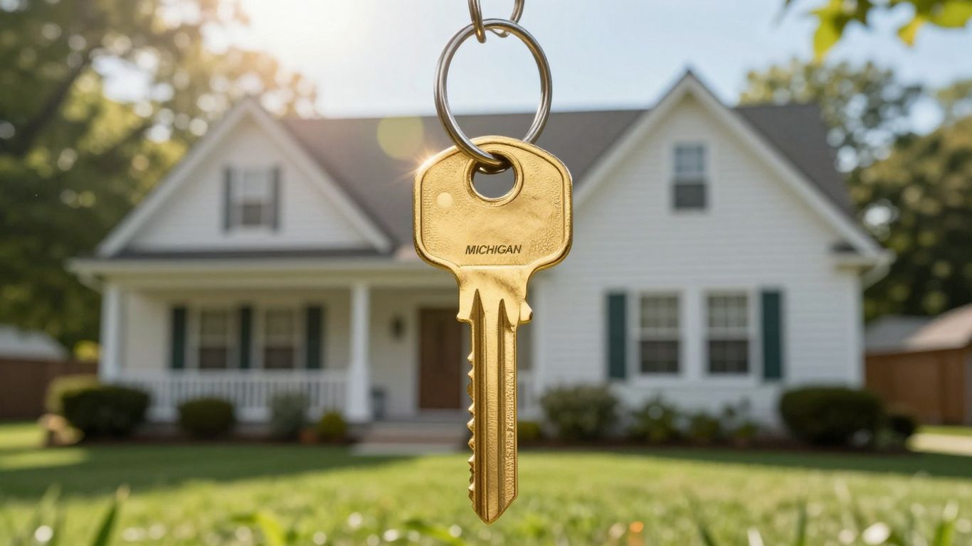 Michigan home with golden key, sunlight, green landscape.