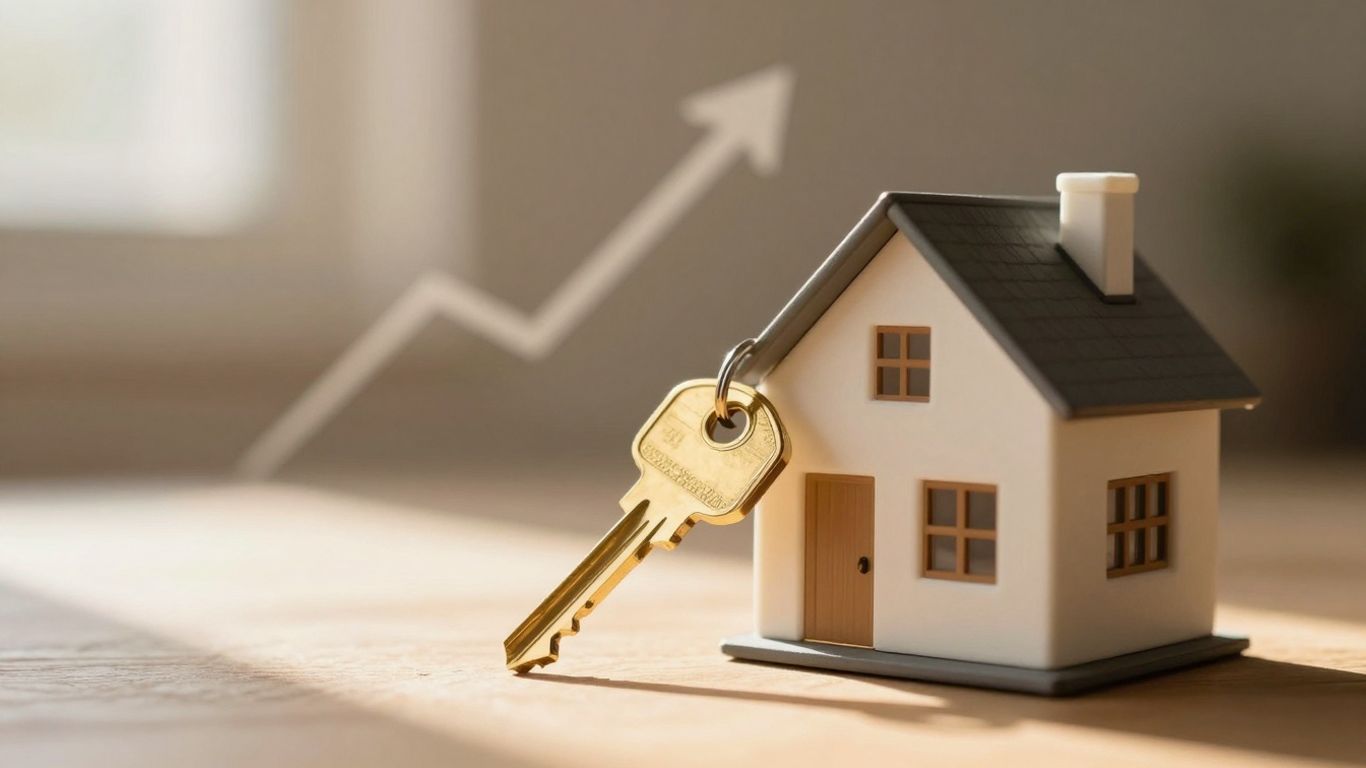 House with golden key and upward arrow.