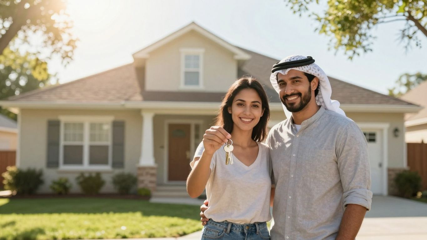 Couple holding keys in front of a house