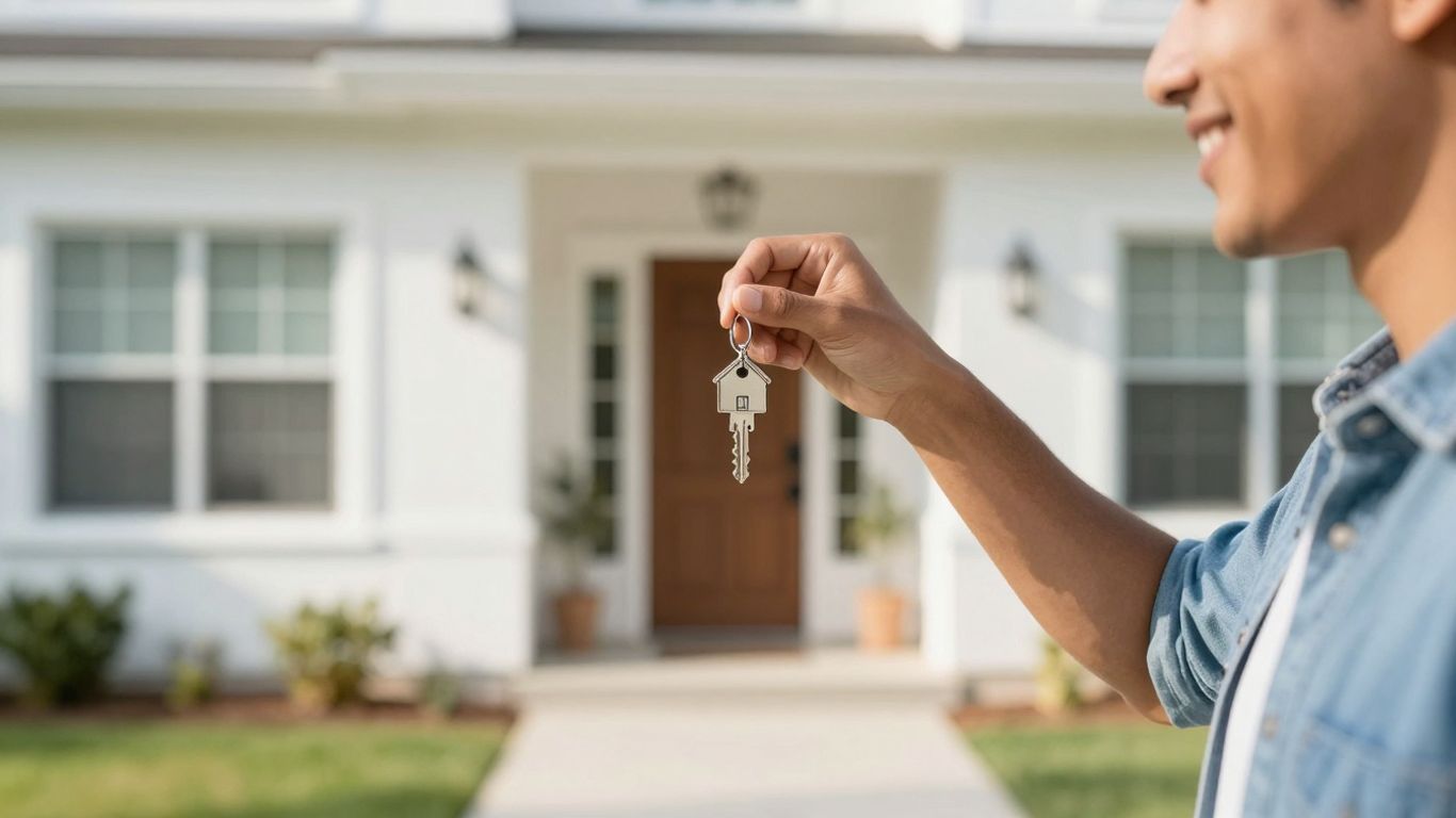 Person holding house key near a modern home.