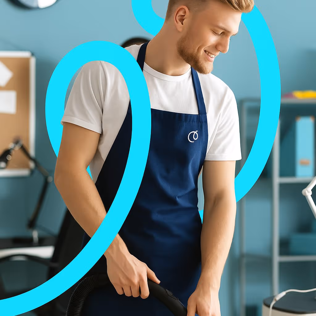 En mann med et blått forkle som støvsuger en kommersiell eiendom.