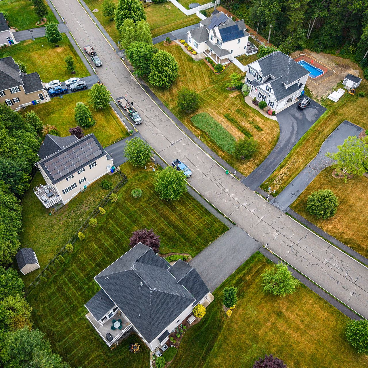 Drone view of residential landscape transformation by OFlaherty Lawn Care near me