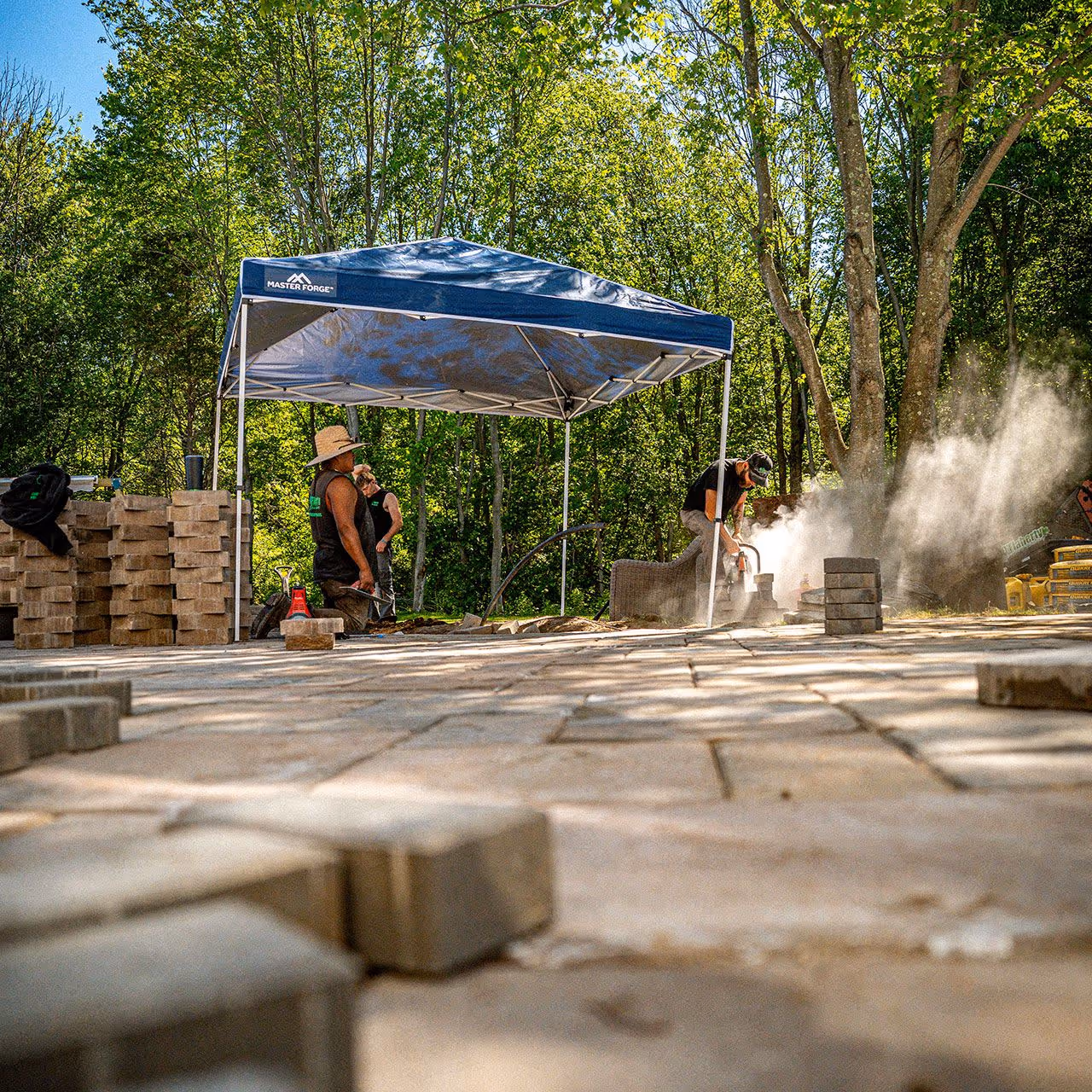 Hardscaping construction in progress featuring custom patio installation by OFlaherty Lawn Care in Attleboro Massachusetts near me