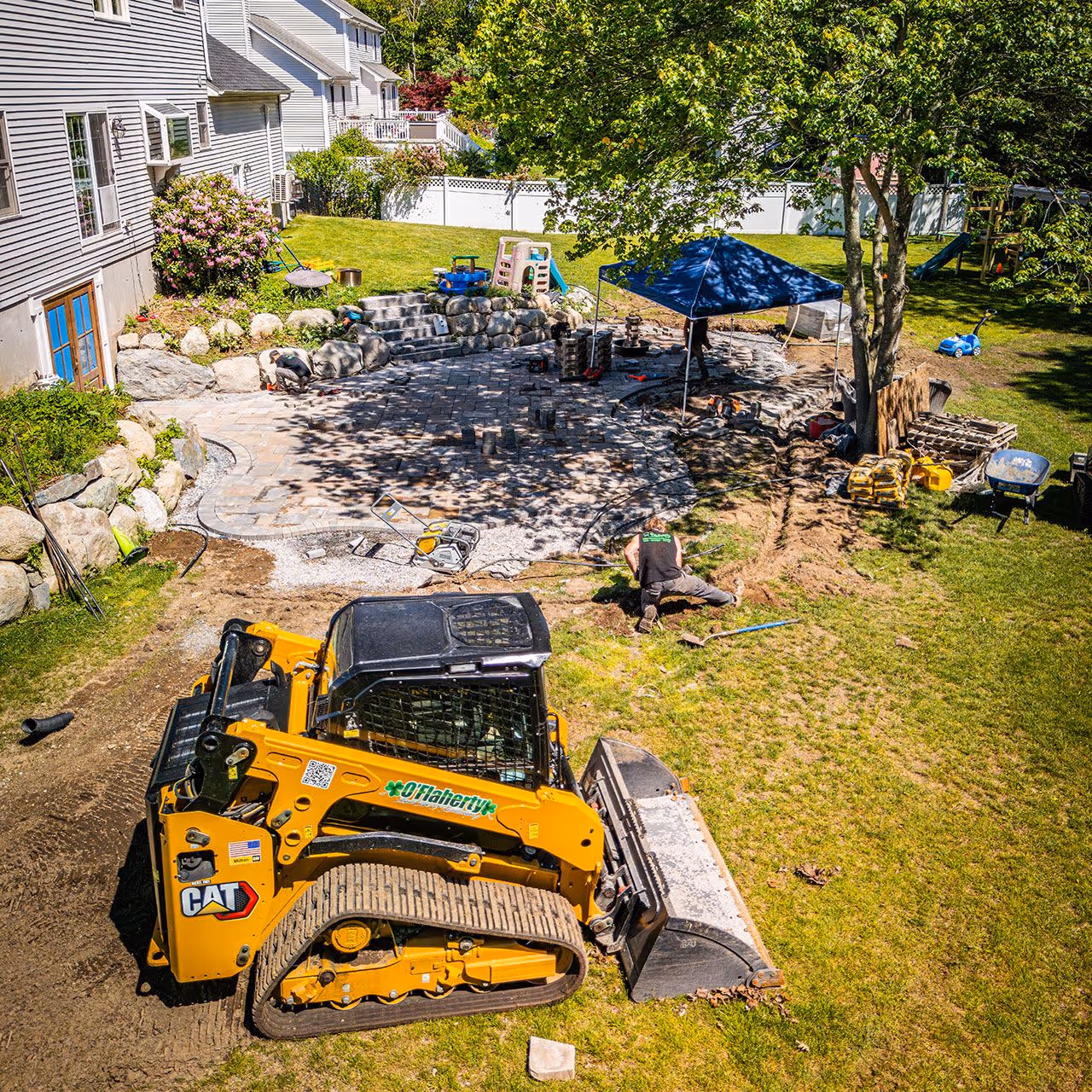 Overhead view of professional landscape design and installation by OFlaherty Lawn Care in Attleboro Massachusetts near me"