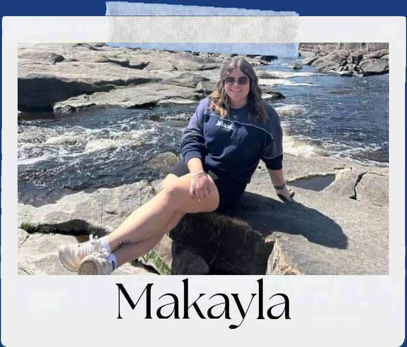 A woman sitting on a rock, with the name "Makayla" displayed prominently in the image.
