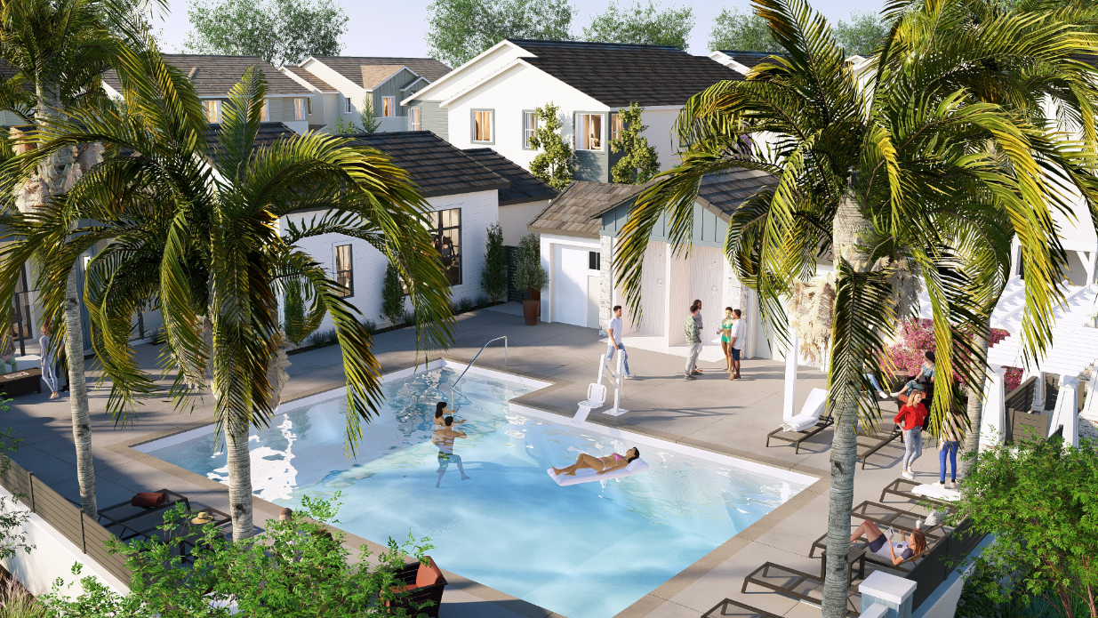 Swimming pool rendering with palm trees surrounding the deck 