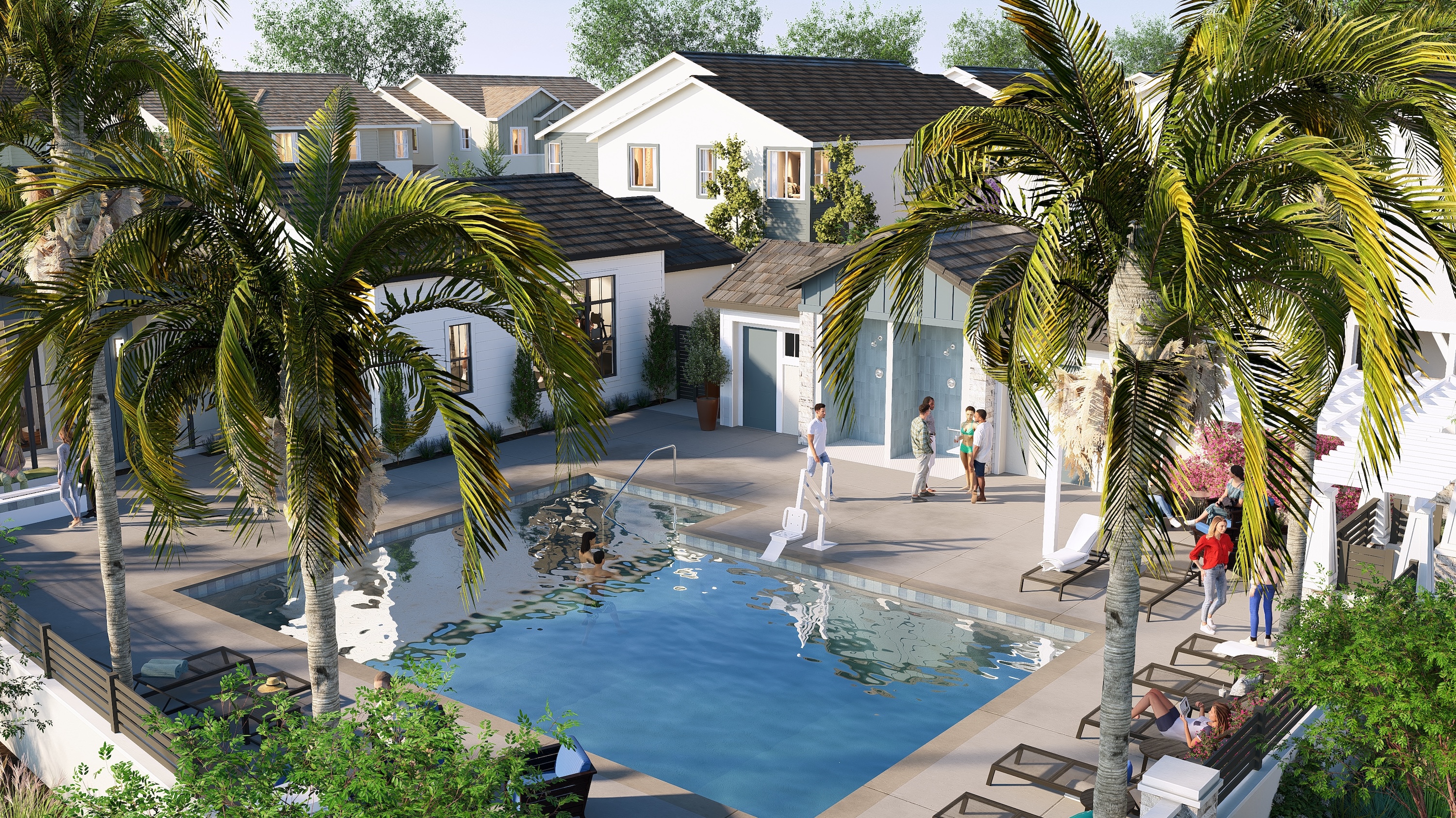 Echo paired homes pool with palm trees surrounding