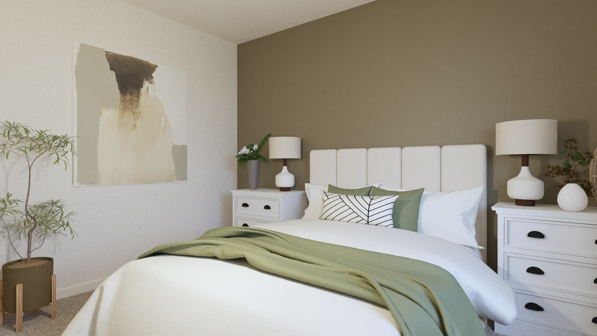 Bedroom with green wall and bed