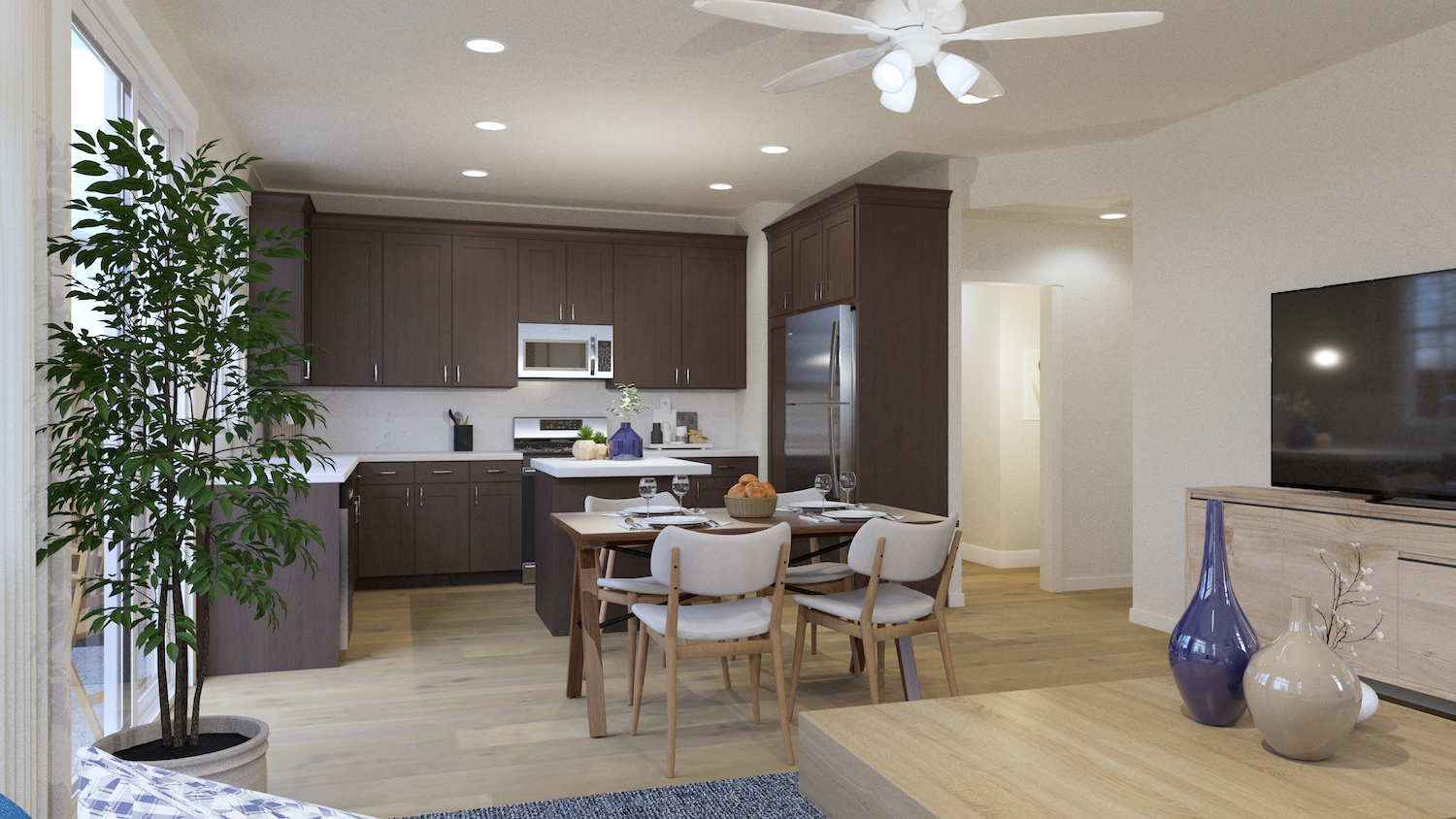 Kitchen with brown cabinets