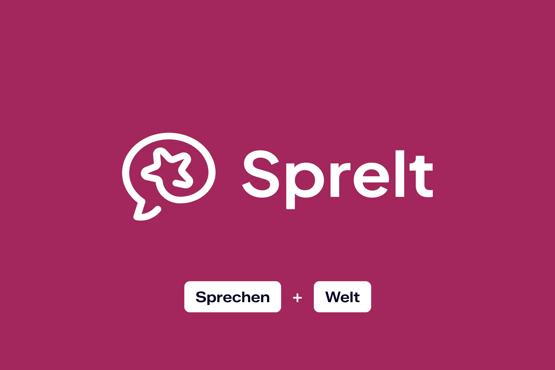 Sprelt logo with a speech bubble containing a star icon and text showing 'Sprechen + Welt' below on a purple background.