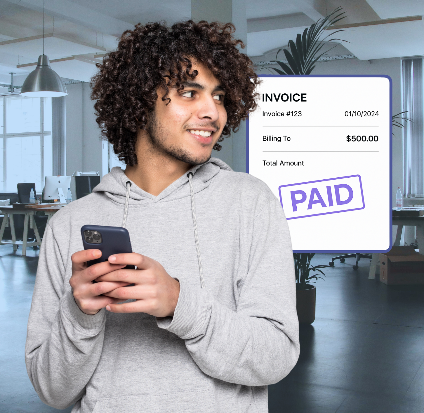 Man holding phone sending invoice