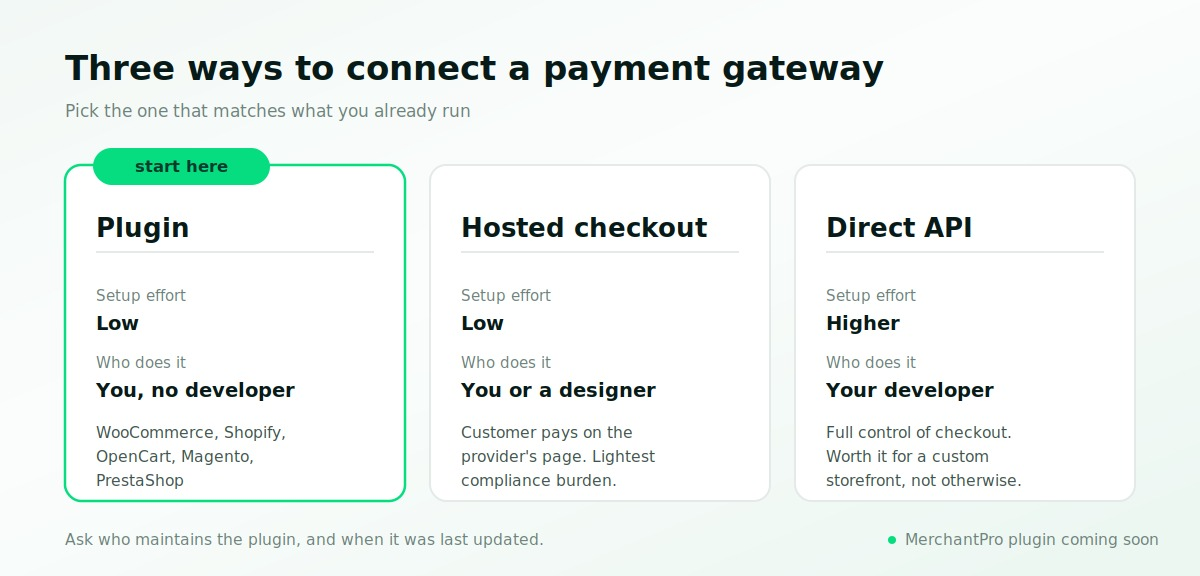 Three payment gateway integration options for Romanian ecommerce stores: plugin, hosted checkout and direct API