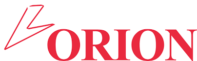 Red stylized arrow pointing right followed by the bold red text ORION.