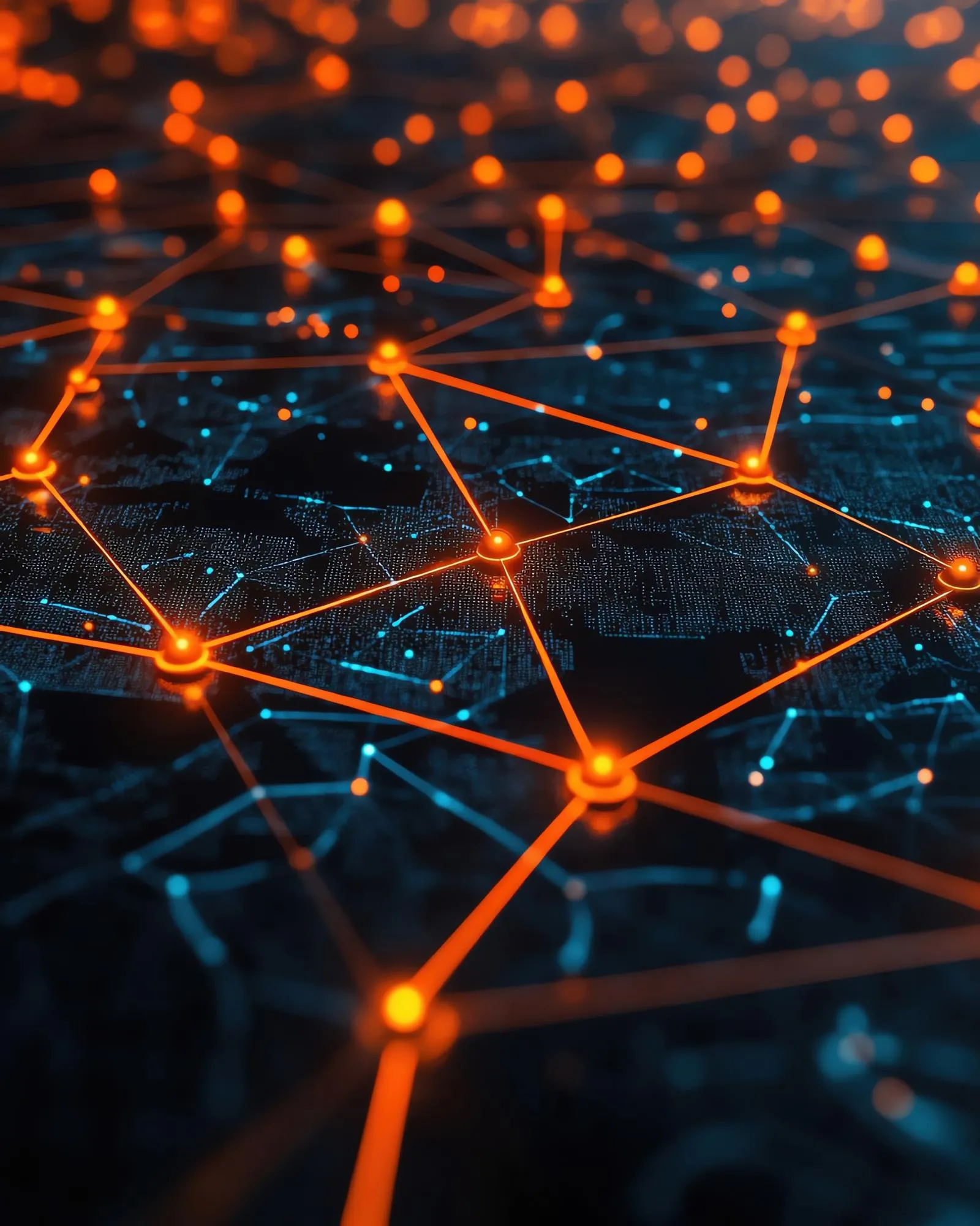 Abstract network of glowing orange nodes connected by lines over a dark digital map background.