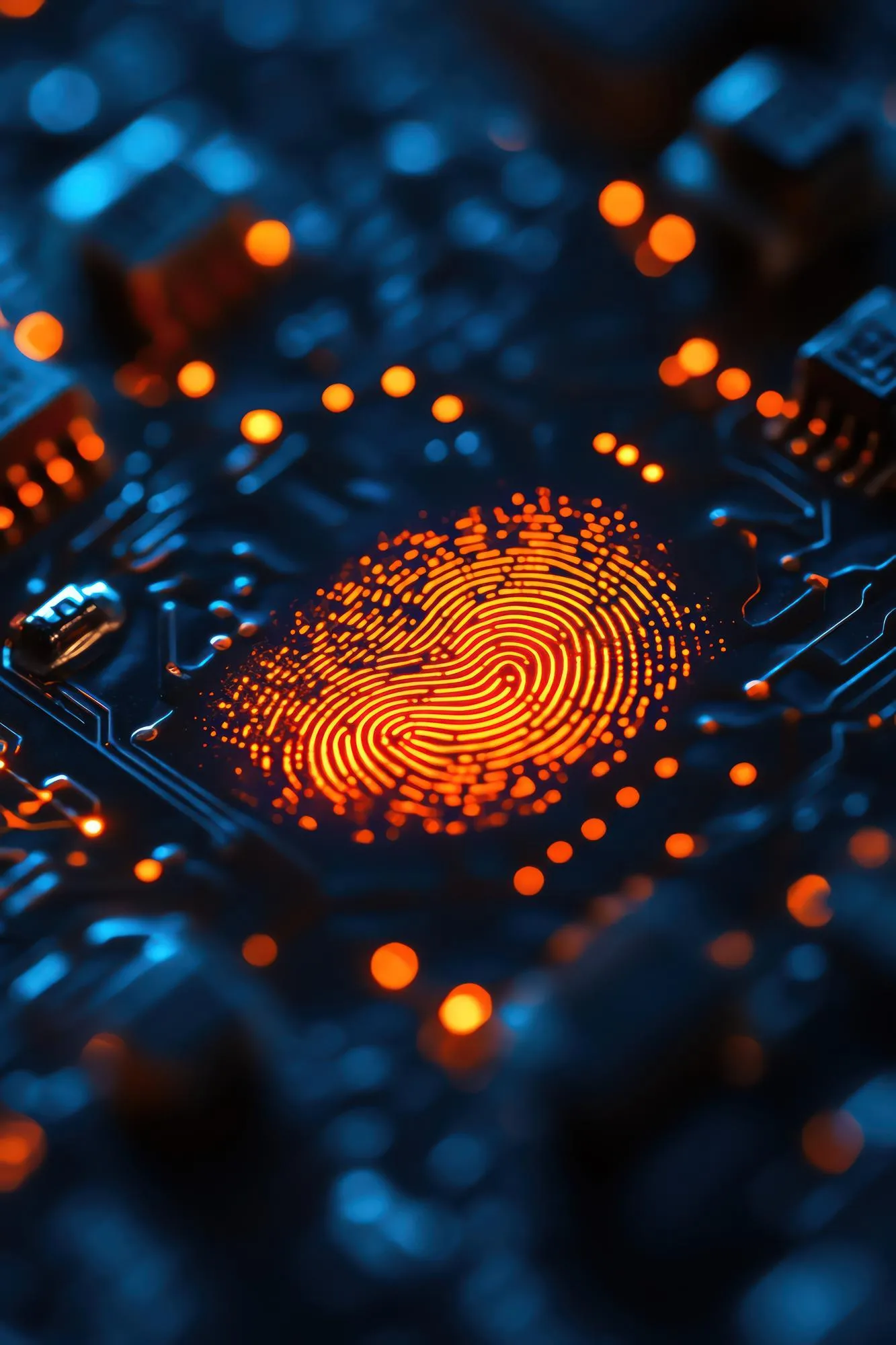 Glowing orange fingerprint on a dark blue electronic circuit board.