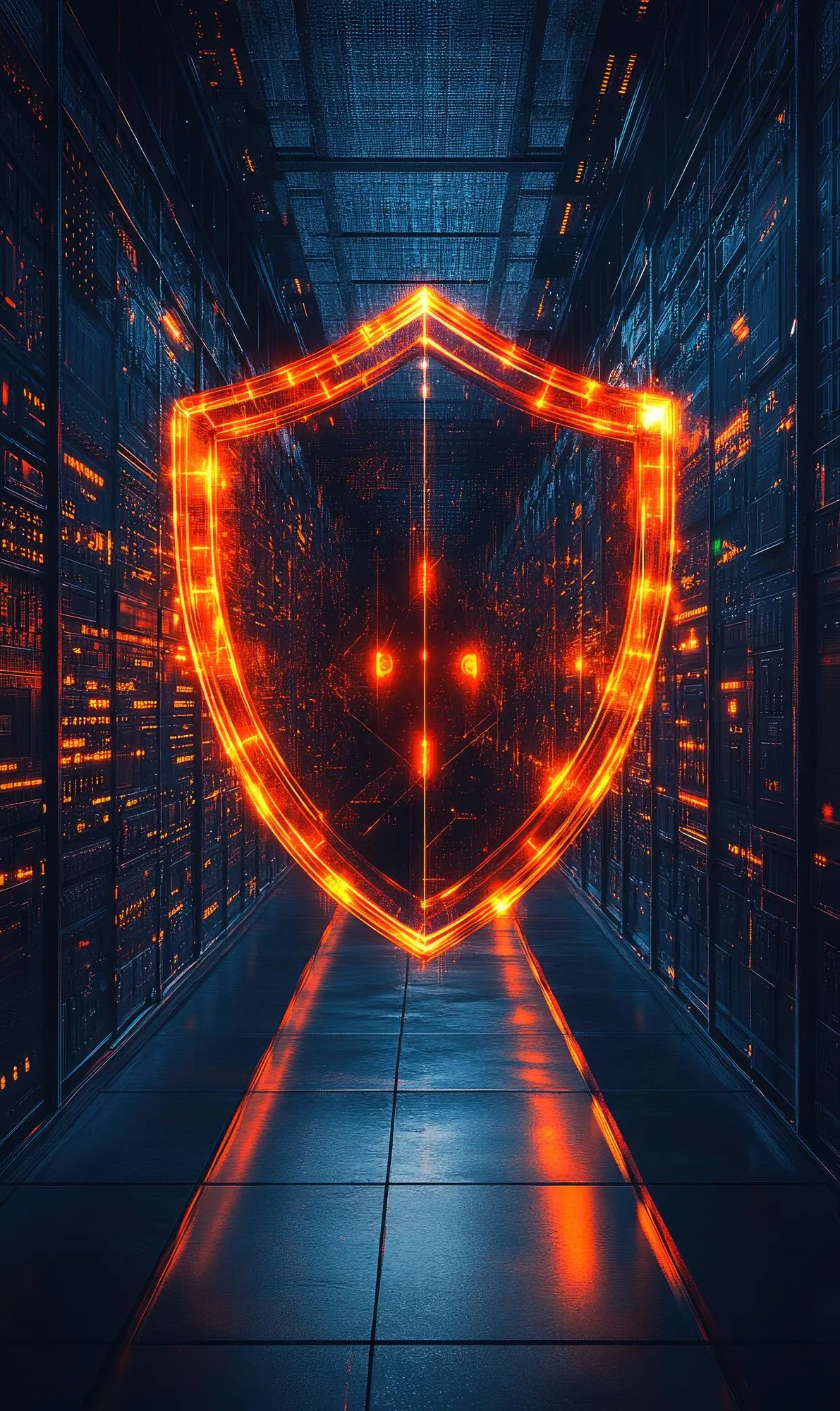 Glowing orange shield symbol floating in the centre of a dark futuristic data server room.