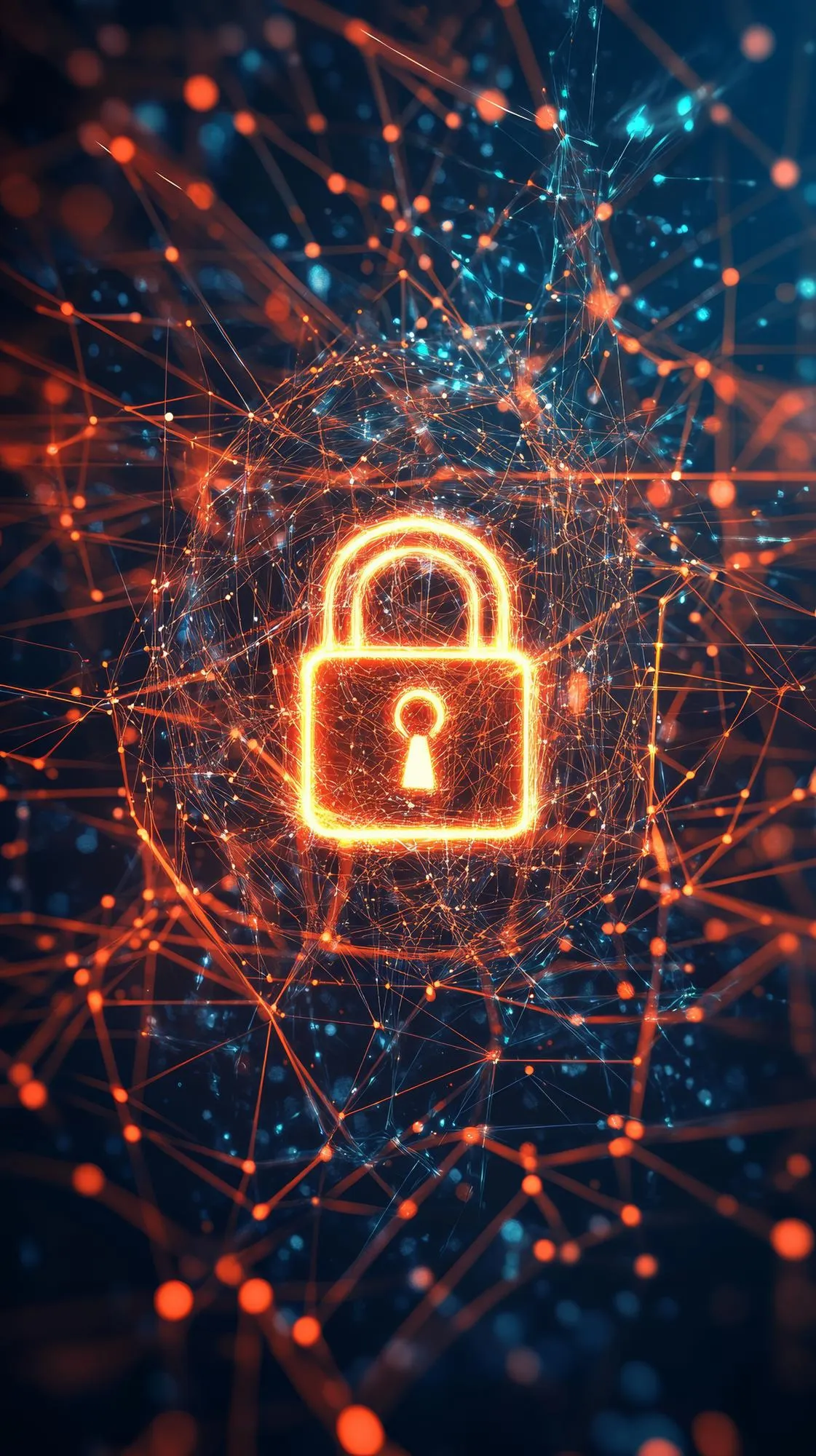 Glowing orange padlock icon surrounded by interconnected digital nodes and lines on a dark background representing cybersecurity.