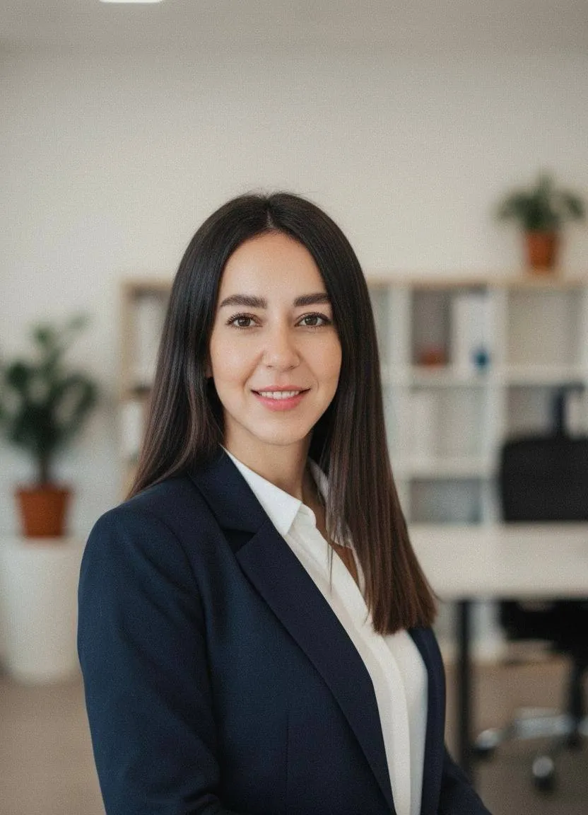 Smiling young woman with long dark hair wearing a navy blazer and white shirt in an office setting.