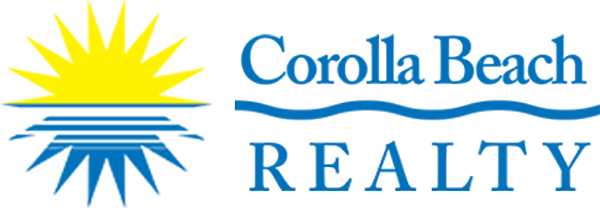 Corolla Beach Realty logo with stylized blue text and a yellow and blue house icon.