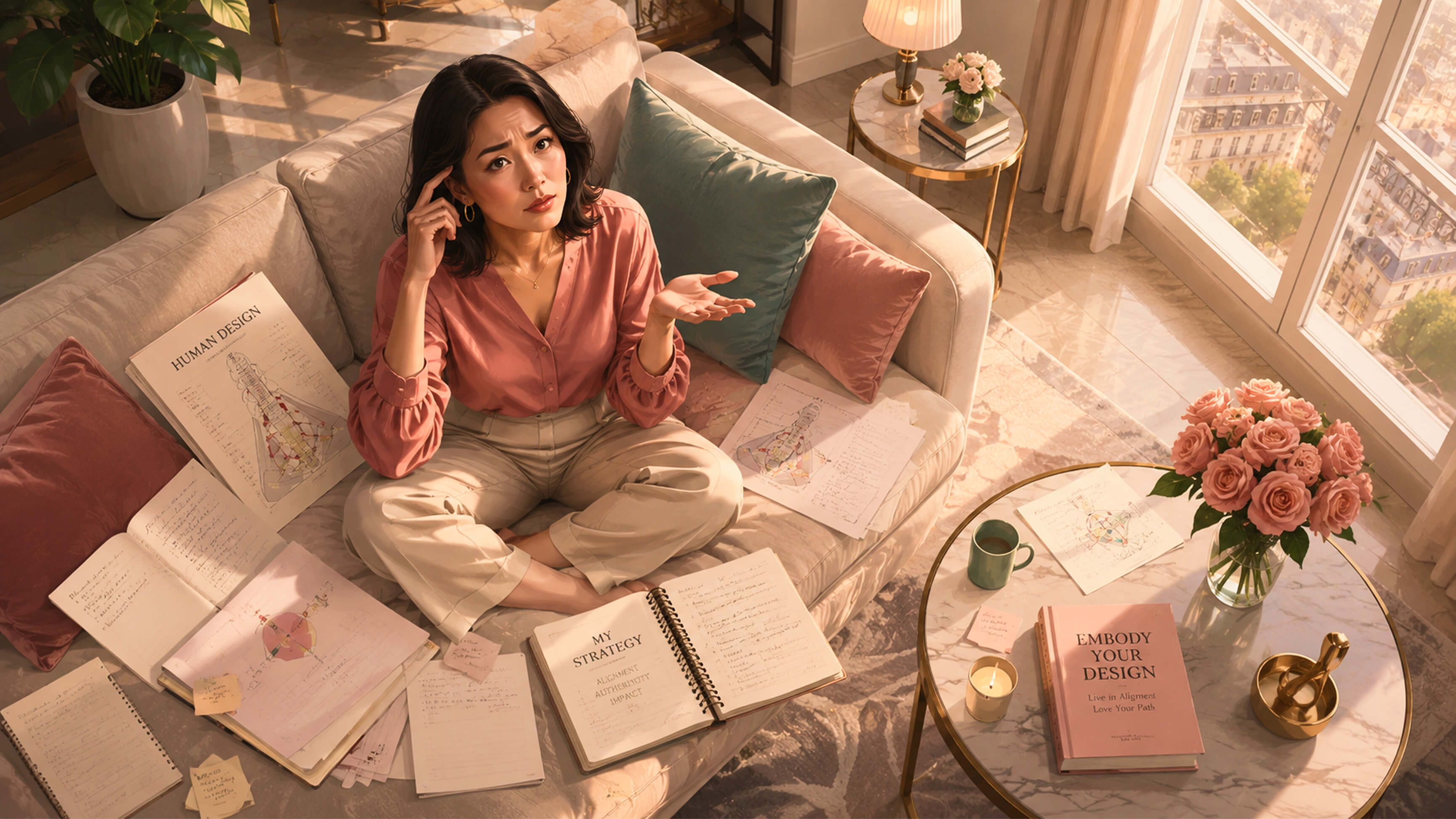 Accomplished woman sitting lost on her sofa surrounded by Human Design books and notes, having done the research but still searching for clarity